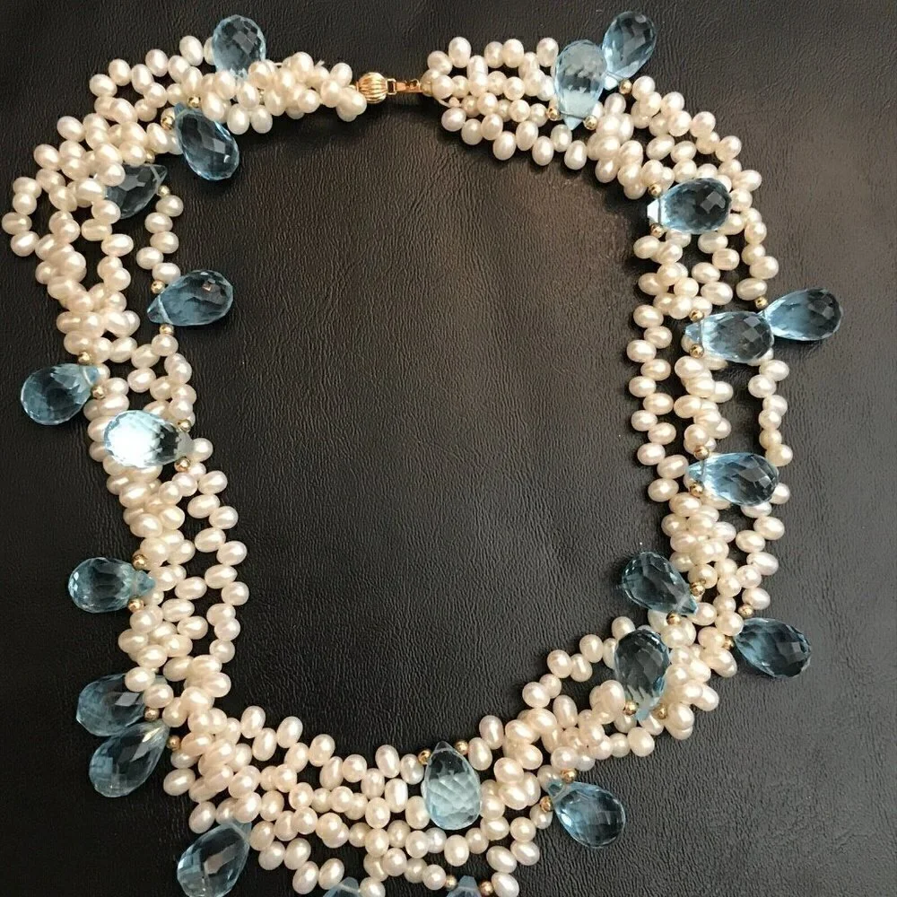 Genuine Multi-Strand Real Pearl Blue Faceted Crystal 14k Solid Gold Necklace
